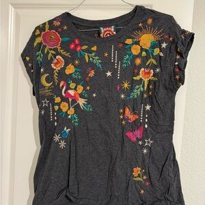 Johnny Was Charcoal Tee with Colorful Embroidery